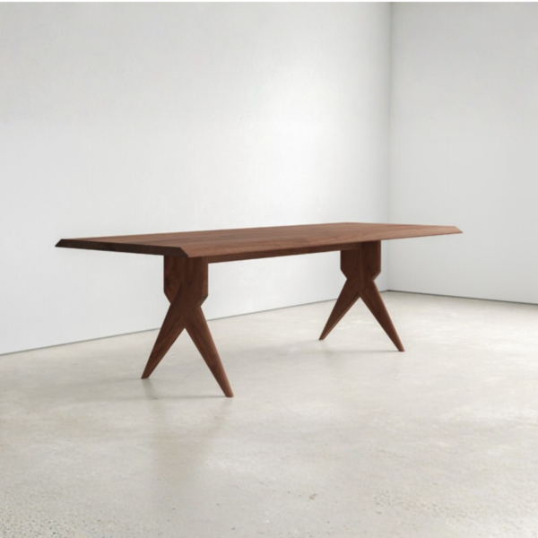 1 Modern minimalist sculptural wooden dining table with deep walnut finish and geometric sawhorse legs by WoodBee Craft