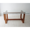 Modern minimalist tempered glass top wooden dining table with natural solid wood frame and architectural square trestle base by WoodBee Craft