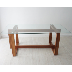 Modern minimalist tempered glass top wooden dining table with natural solid wood frame and architectural square trestle base by WoodBee Craft