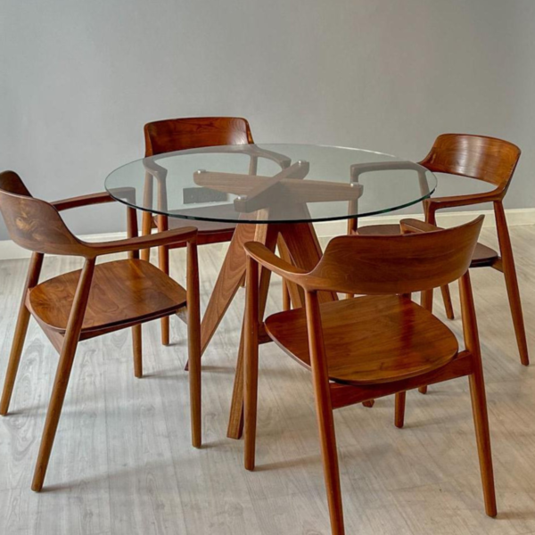 1 Modern minimalist round glass top pedestal dining table with light natural solid wood base and matching curved armchairs by WoodBee Craft