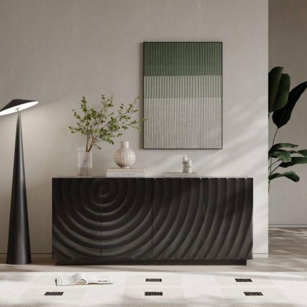 WoodBee Craft "The Vortex Ripple" Premium Black Carved Wood Sideboard