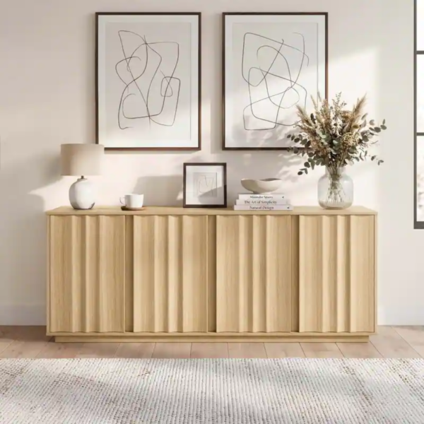 1 Modern minimalist natural fluted wood credenza with light oak finish and seamless four door front panel textures by WoodBee Craft