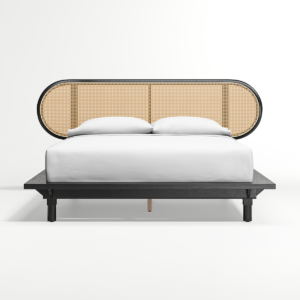 Modern minimalist oval cane black platform bed with matte charcoal finish and woven rattan headboard by WoodBee Craft