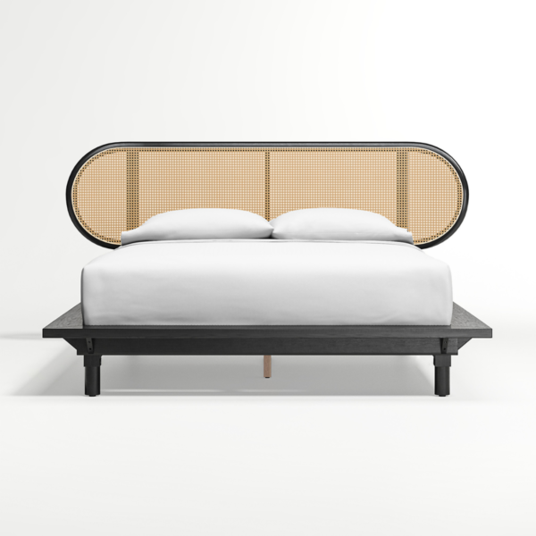1 Modern minimalist oval cane black platform bed with matte charcoal finish and woven rattan headboard by WoodBee Craft
