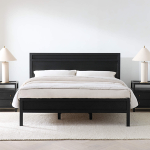 Modern minimalist black solid wood bed frame with matte charcoal finish and linear panel headboard by WoodBee Craft