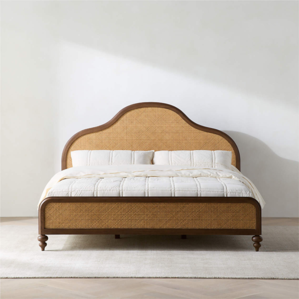 1 Modern farmhouse arched rattan wood bed frame with warm brown oak finish and turned baluster feet by WoodBee Craft