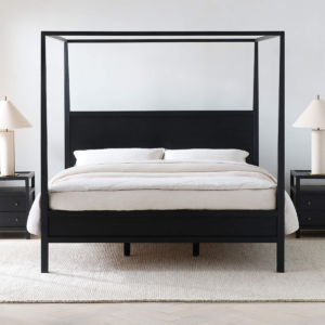 Modern minimalist black solid wood canopy bed frame with matte charcoal finish and four poster linear frame by WoodBee Craft