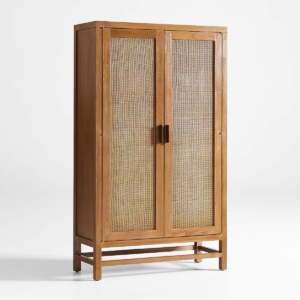 Modern minimalist rattan tall storage cabinet with light brown finish and woven cane doors by WoodBee Craft
