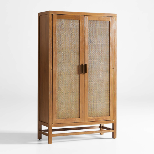 Modern minimalist rattan tall storage cabinet with light brown finish and woven cane doors by WoodBee Craft