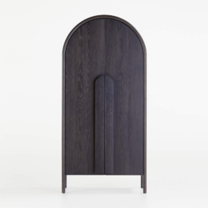 Modern minimalist black arched armoire cabinet with dark charcoal timber finish and elongated pill door handles by WoodBee Craft