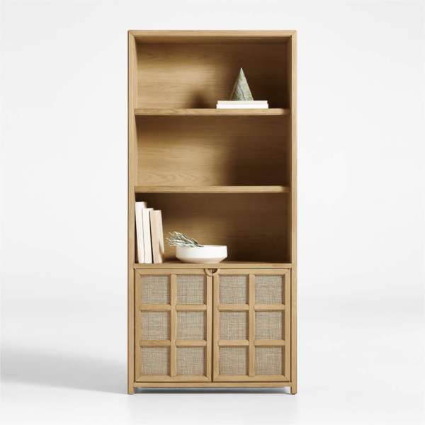 1 Modern minimalist natural cane grid bookcase with open display shelves and lower cane doors by WoodBee Craft