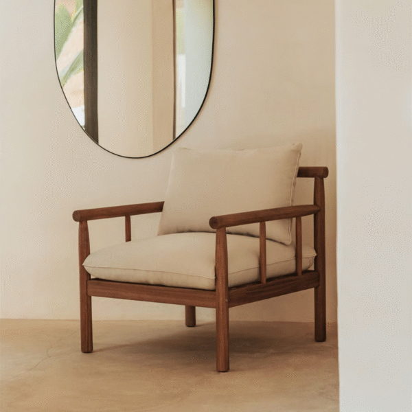 1 Scandinavian minimal wood armchair accent sofa chair with natural solid wood frame and plush white cushions by WoodBee Craft
