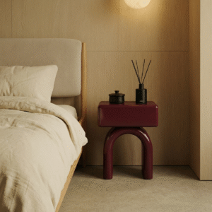 Chunky modern bedside table nightstand with deep burgundy high gloss lacquer finish and arched legs by WoodBee Craft