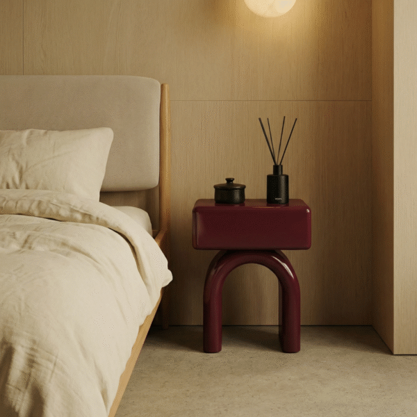 1 Chunky modern bedside table nightstand with deep burgundy high gloss lacquer finish and arched legs by WoodBee Craft