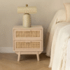 Modern minimalist rattan cane bedside table nightstand with light natural solid wood frame and two drawers by WoodBee Craft
