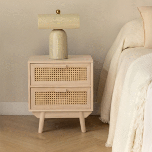 Modern minimalist rattan cane bedside table nightstand with light natural solid wood frame and two drawers by WoodBee Craft