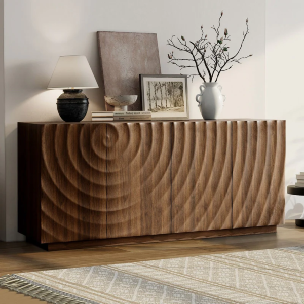WoodBee Craft "The Vortex Ripple" Premium Black Carved Wood Sideboard