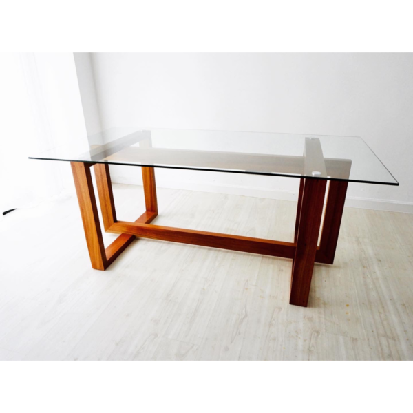 WoodBee Craft "The Horizon Trestle" Premium Tempered Glass Top Wooden Dining Table