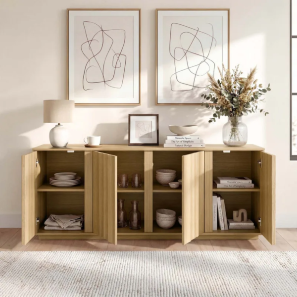 2 WoodBee Craft "The Sora Wave" Premium Natural Fluted Wood Credenza