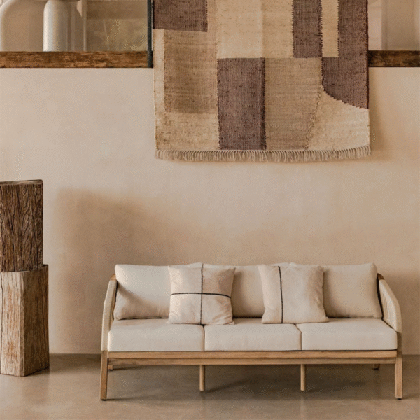 3 Artisan woven rope 3 seater sofa couch with natural solid wood frame and white cushions by WoodBee Craft