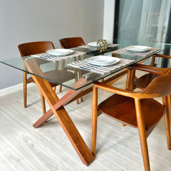 3 WoodBee Craft "The Trestle Clarity" Premium Glass Top X Base Dining Table