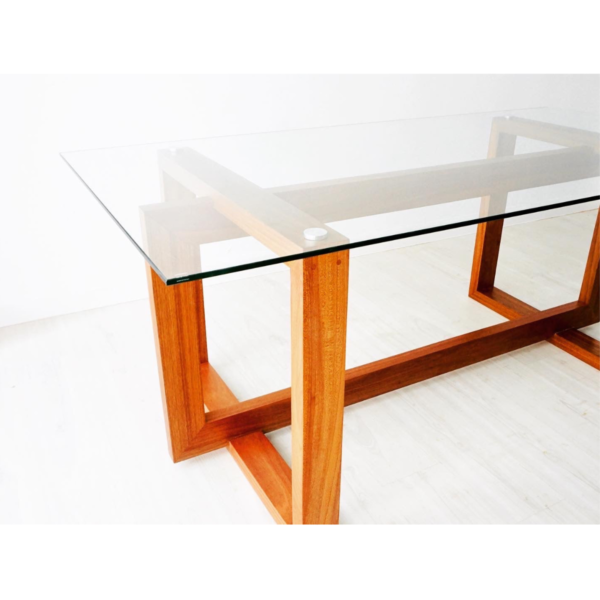 WoodBee Craft "The Horizon Trestle" Premium Tempered Glass Top Wooden Dining Table