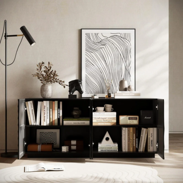WoodBee Craft "The Vortex Ripple" Premium Black Carved Wood Sideboard