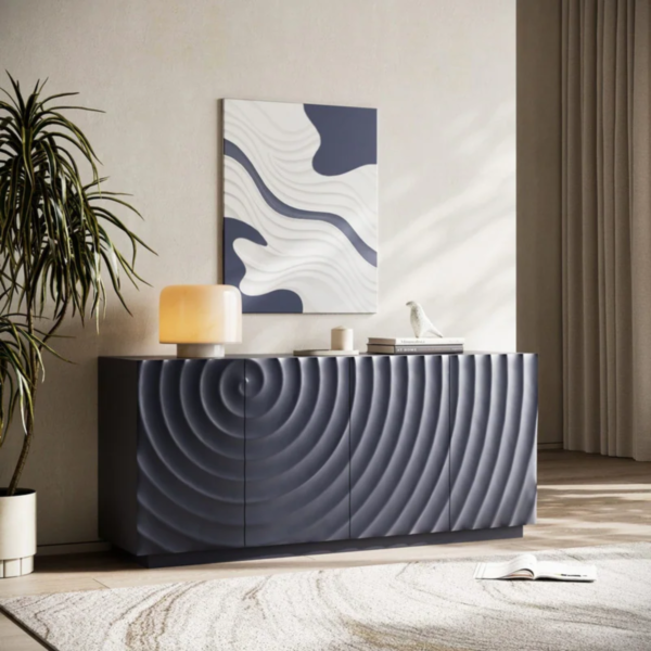 WoodBee Craft "The Vortex Ripple" Premium Black Carved Wood Sideboard