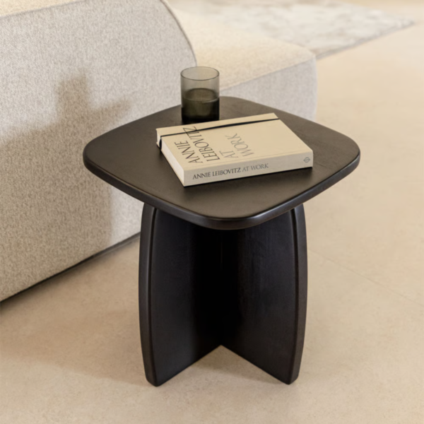 WBC-ET-002 Modern minimalist pedestal accent end table with dark espresso solid wood finish and architectural curved intersecting base legs by WoodBee Craft