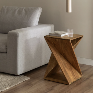 Modern minimalist geometric wooden stool side table with natural spiral twisted solid wood finish by WoodBee Craft