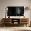 1 Modern slatted wood tv console cabinet in warm honey finish with splayed legs by WoodBee Craft