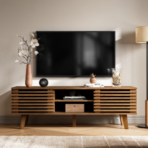Modern slatted wood tv console cabinet in warm honey finish with splayed legs by WoodBee Craft