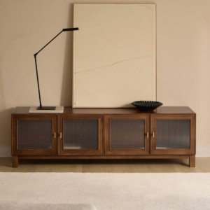 Modern fluted glass solid wood tv unit with four doors in warm walnut finish by WoodBee Craft