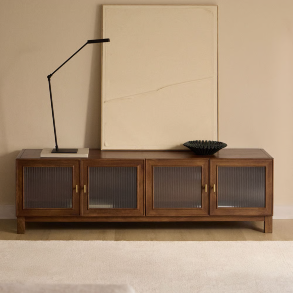 1 Modern fluted glass solid wood tv unit with four doors in warm walnut finish by WoodBee Craft