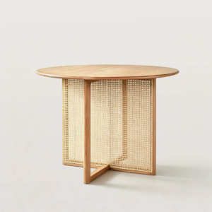 Modern round cane mesh base dining table in natural oak finish by WoodBee Craft