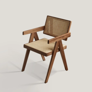 Modern v leg cane desk armchair with natural woven mesh back and walnut wood frame by WoodBee Craft