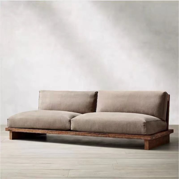 1 Modern armless low wooden platform sofa with taupe velvet cushions by WoodBee Craft