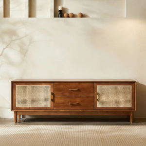 Modern rattan cane door wood tv console with central drawers in warm walnut finish by WoodBee Craft