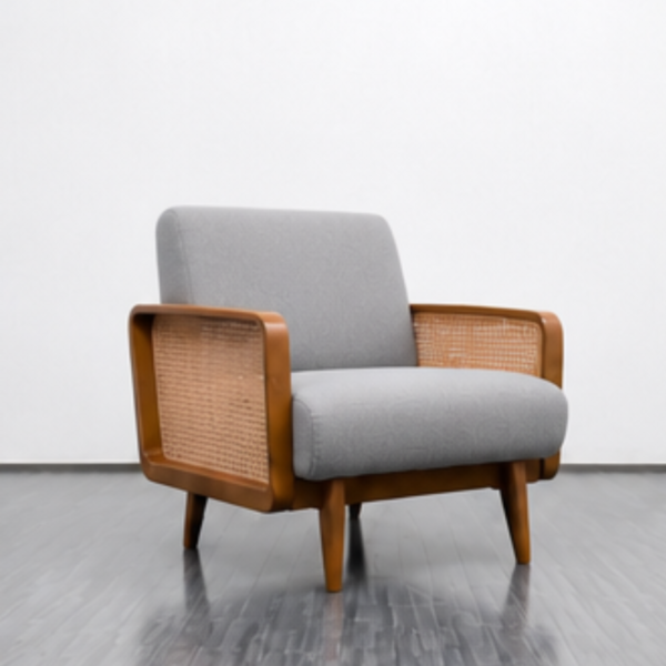 Mid century single seater cane armchair sofa with grey fabric cushioning and solid wood frame by WoodBee Craft