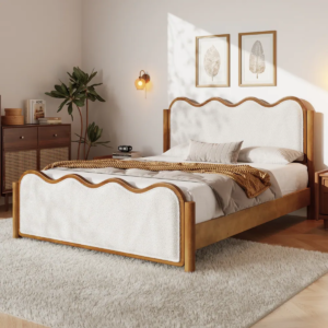 1 Modern scalloped boucle wood bed frame with natural oak finish and cream shearling headboard by WoodBee Craft