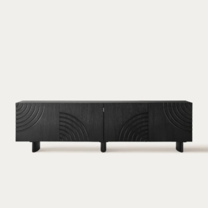 Modern carved black wood tv console credenza with concentric arch doors by WoodBee Craft
