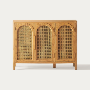 Modern arched cane door shoe storage cabinet in light oak finish by WoodBee Craft