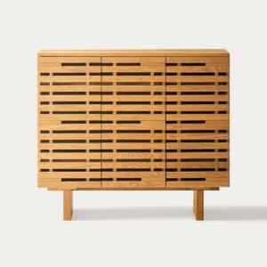Modern ventilated slatted wood shoe cabinet in light oak finish with three doors by WoodBee Craft