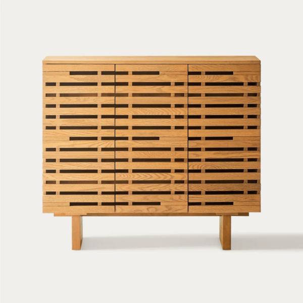 1 Modern ventilated slatted wood shoe cabinet in light oak finish with three doors by WoodBee Craft
