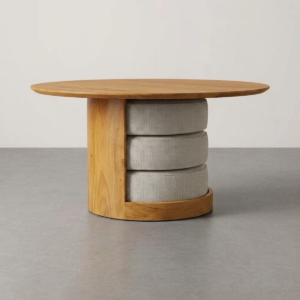 Modern round coffee table with stacked ottoman cushions in natural honey wood finish by WoodBee Craft