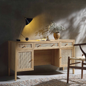 Modern natural cane wood executive computer desk with storage drawers and cabinets by WoodBee Craft