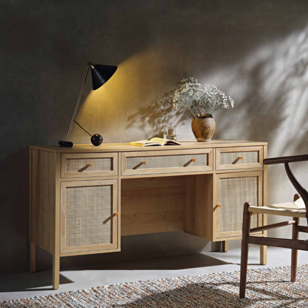 Modern natural cane wood executive computer desk with storage drawers and cabinets by WoodBee Craft