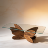 1 Sculptural butterfly glass coffee table with hand carved solid wood wing base by WoodBee Craft