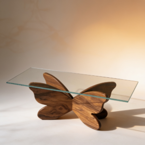 Sculptural butterfly glass coffee table with hand carved solid wood wing base by WoodBee Craft