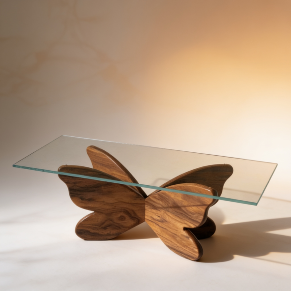 1 Sculptural butterfly glass coffee table with hand carved solid wood wing base by WoodBee Craft